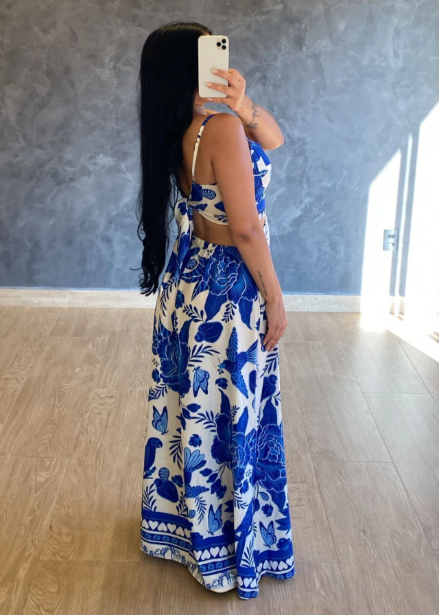 Vestido Longo Crepe De Seda Mari Estampado