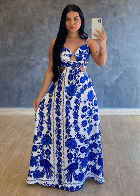 Vestido Longo Crepe De Seda Mari Estampado